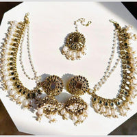 Shree Chamunda Jewellers Gold Plated Mirror And Beads Jhumki Kanchain Earrings With Maangtikka