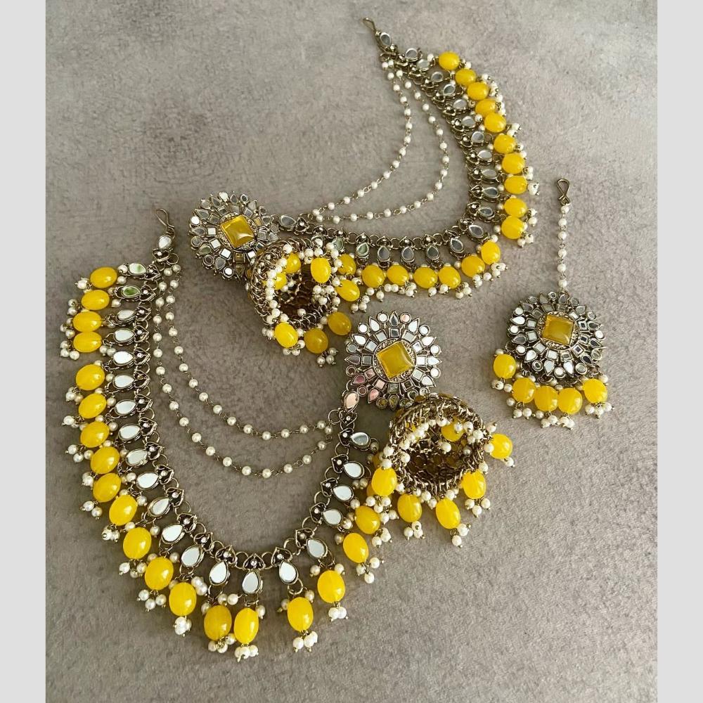 Shree Chamunda Jewellers Gold Plated Mirror And Beads Jhumki Kanchain Earrings With Maangtikka