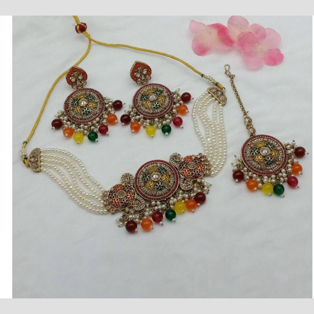 Shree Chamunda Jewellers Gold Plated Crystal  And Beads Choker Necklace Set