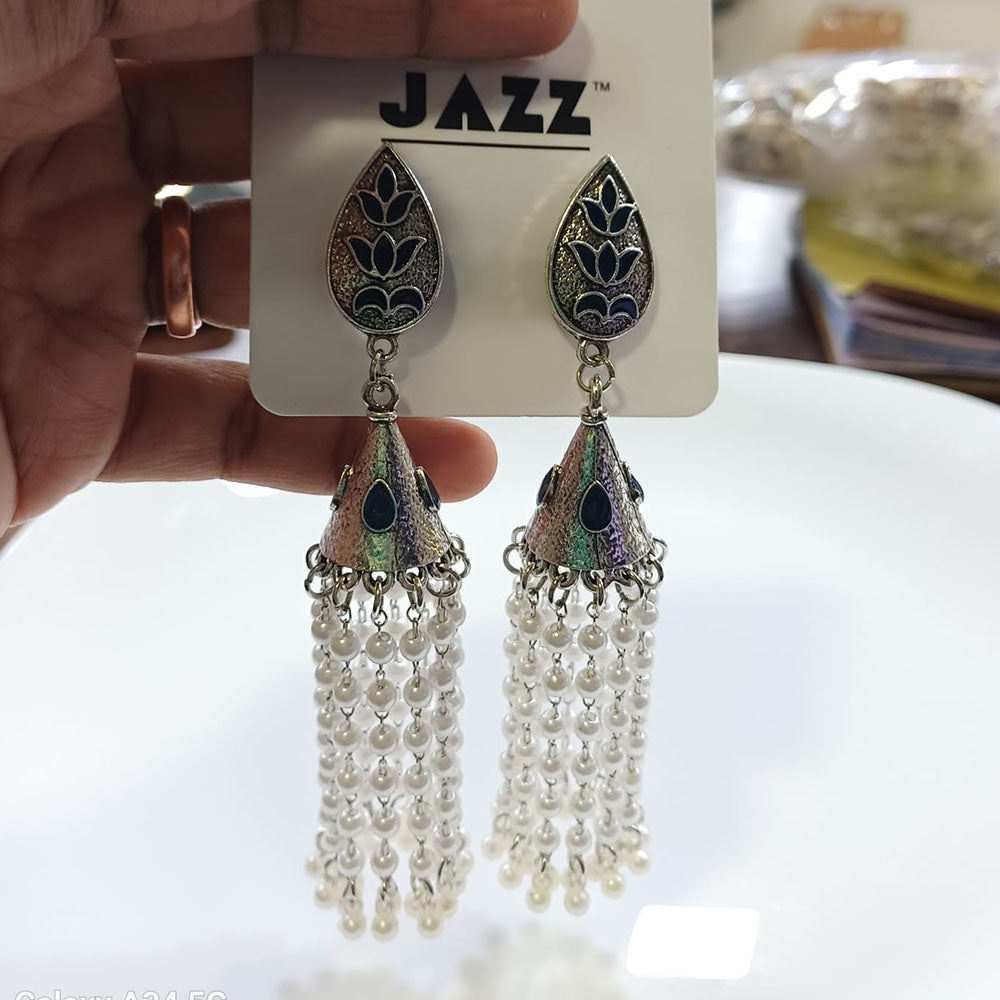 Tarohi Jewels Oxidised Plated Meenakari And Pearls Jhumki Earrings