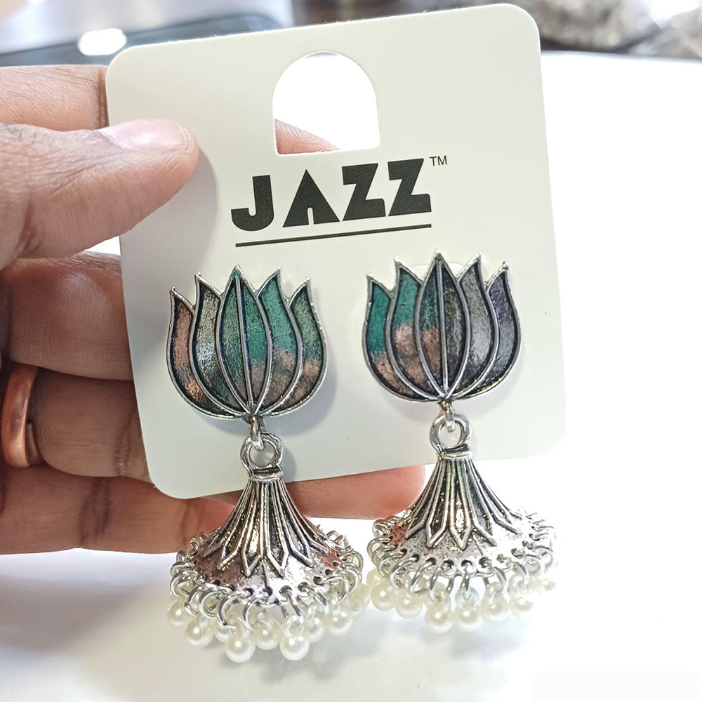 Tarohi Jewels Oxidised Plated Pearls Jhumki Earrings