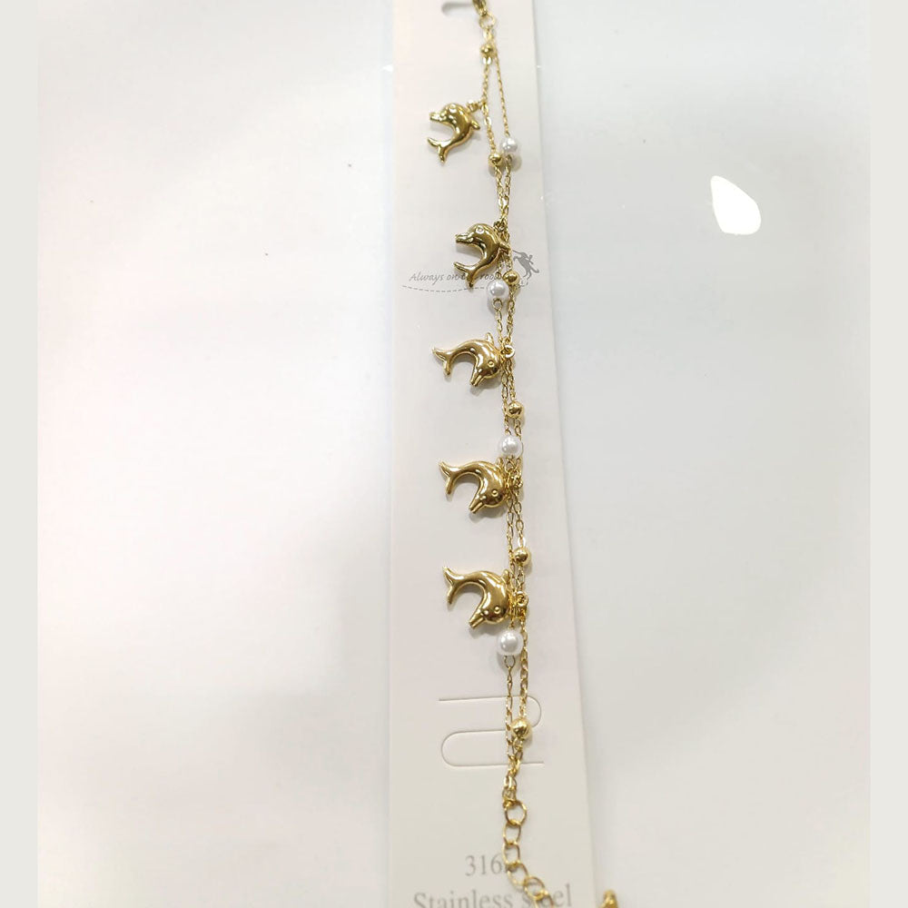 Tarohi Jewels Chic Gold Dolphin And Pearl Charm Adjustable Bracelet