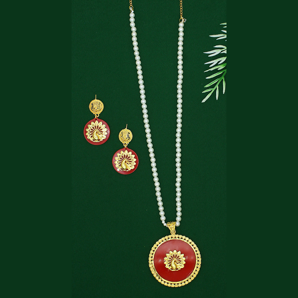 Mahavir Dye Gold Plated Pearl Long Necklace Set