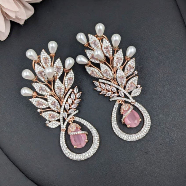 Aamrapali Rose Gold Plated American Diamond And Pearl Dangler Earrings