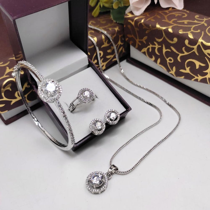 Aamrapali Silver Plated AD Chain Pendant Set