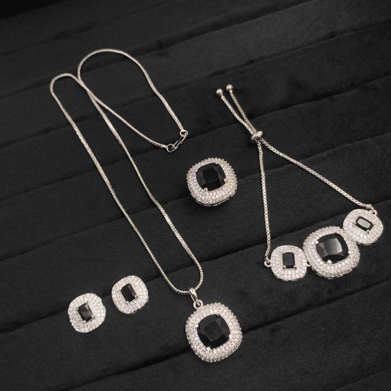 Aamrapali Silver Plated AD Chain Pendant Set