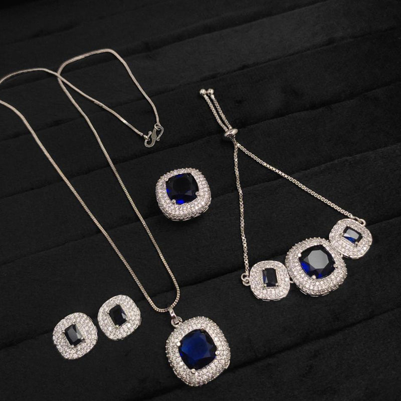 Aamrapali Silver Plated AD Chain Pendant Set