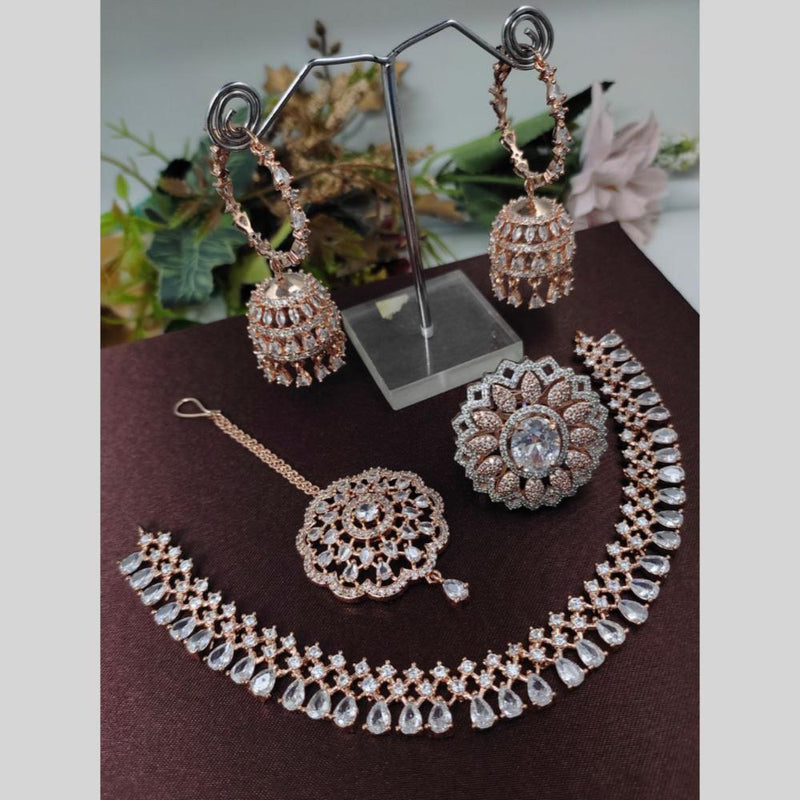 Aamrapali Rose Gold Plated American Diamond Necklace Set With Ring