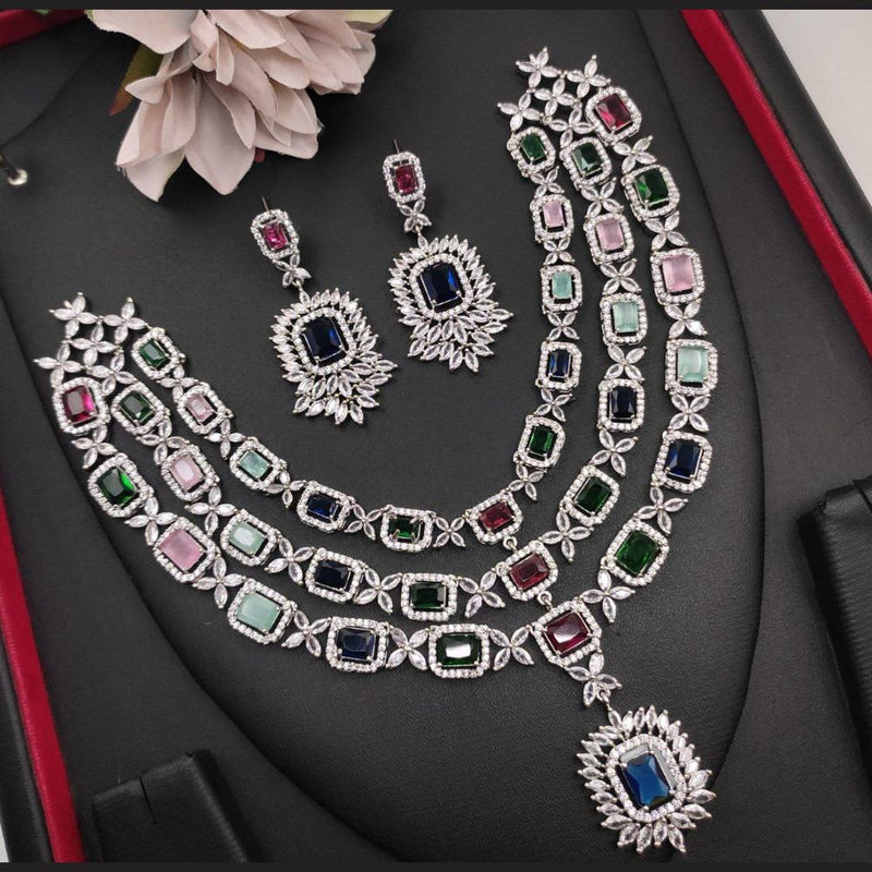 Aamrapali Silver Plated American Diamond Multi Layer Necklace Set