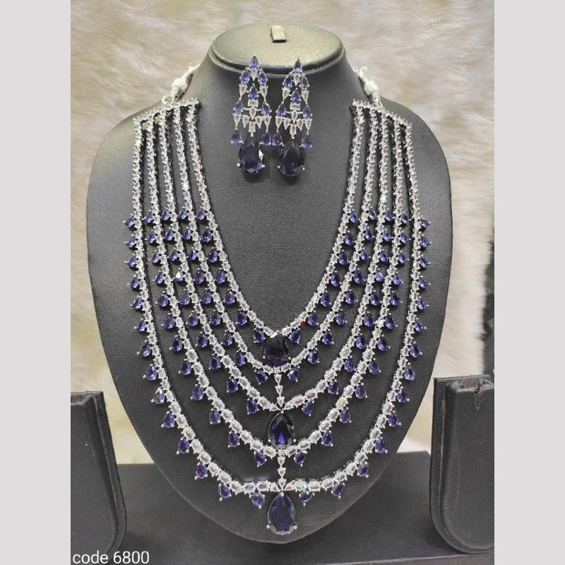 Aamrapali Silver Plated American Diamond Multi Layer Long Necklace Set