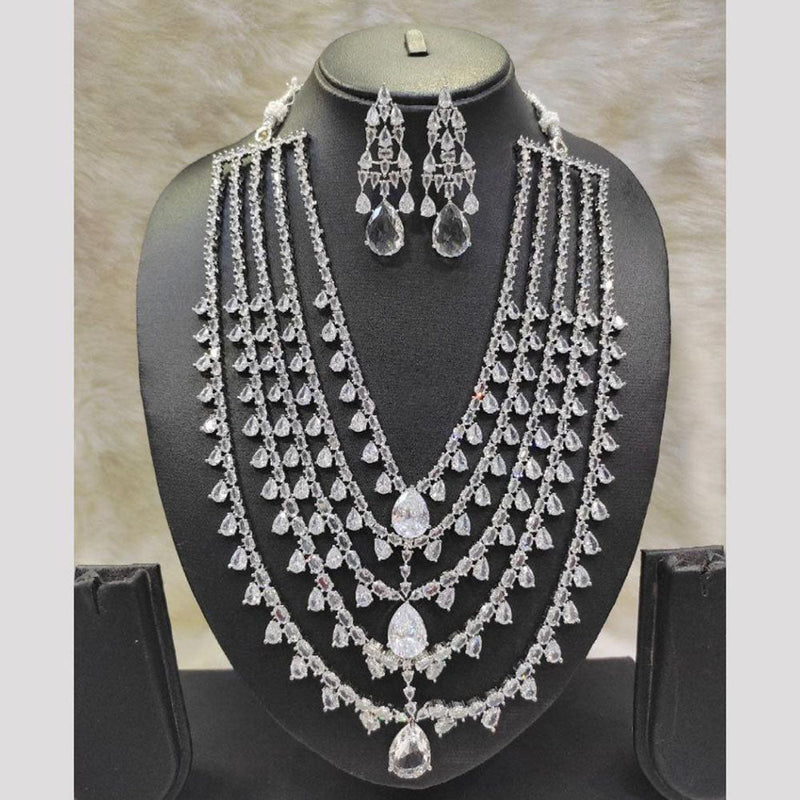 Aamrapali Silver Plated American Diamond Multi Layer Long Necklace Set