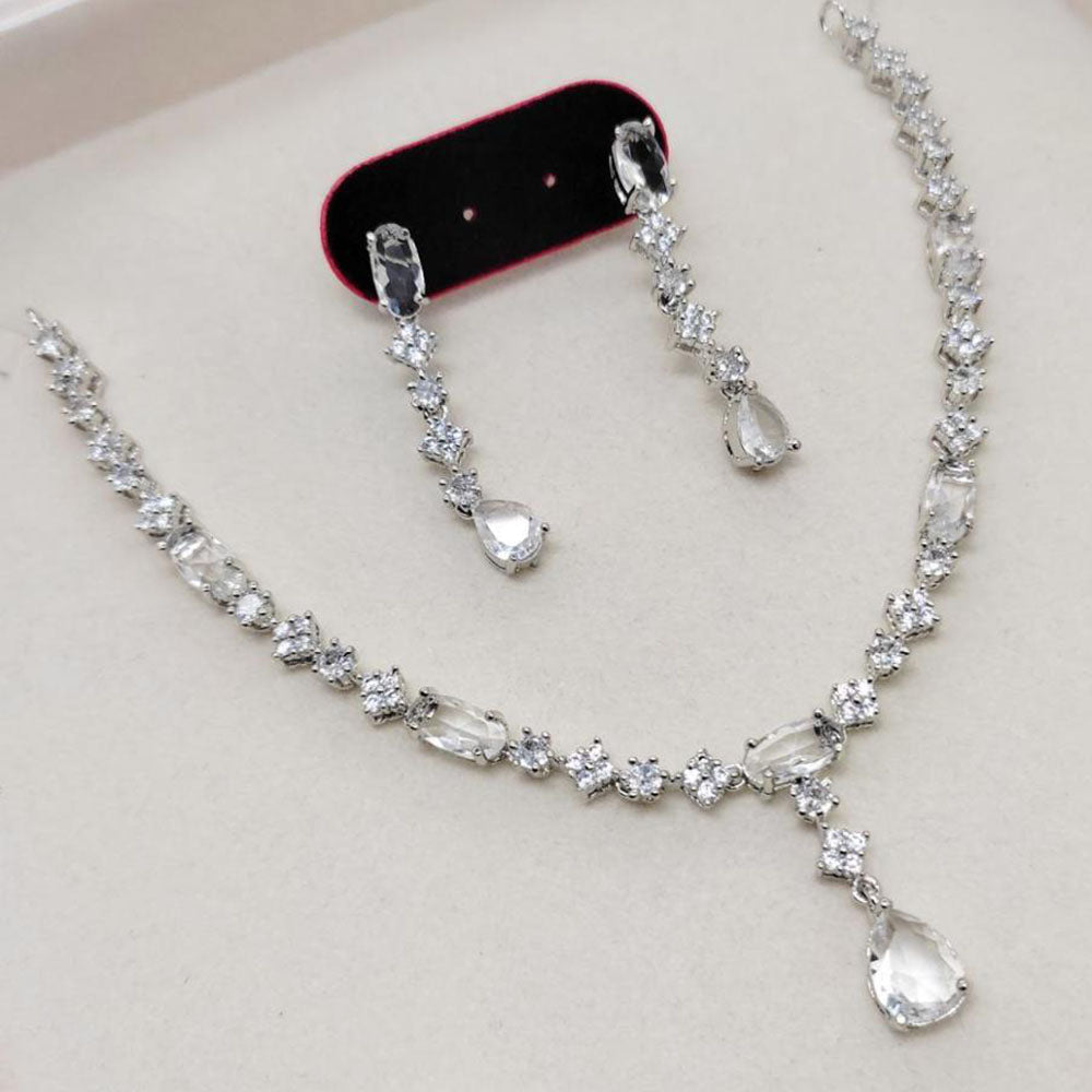 Aamrapali Rhodium Finish Statement American Diamond Necklace Set