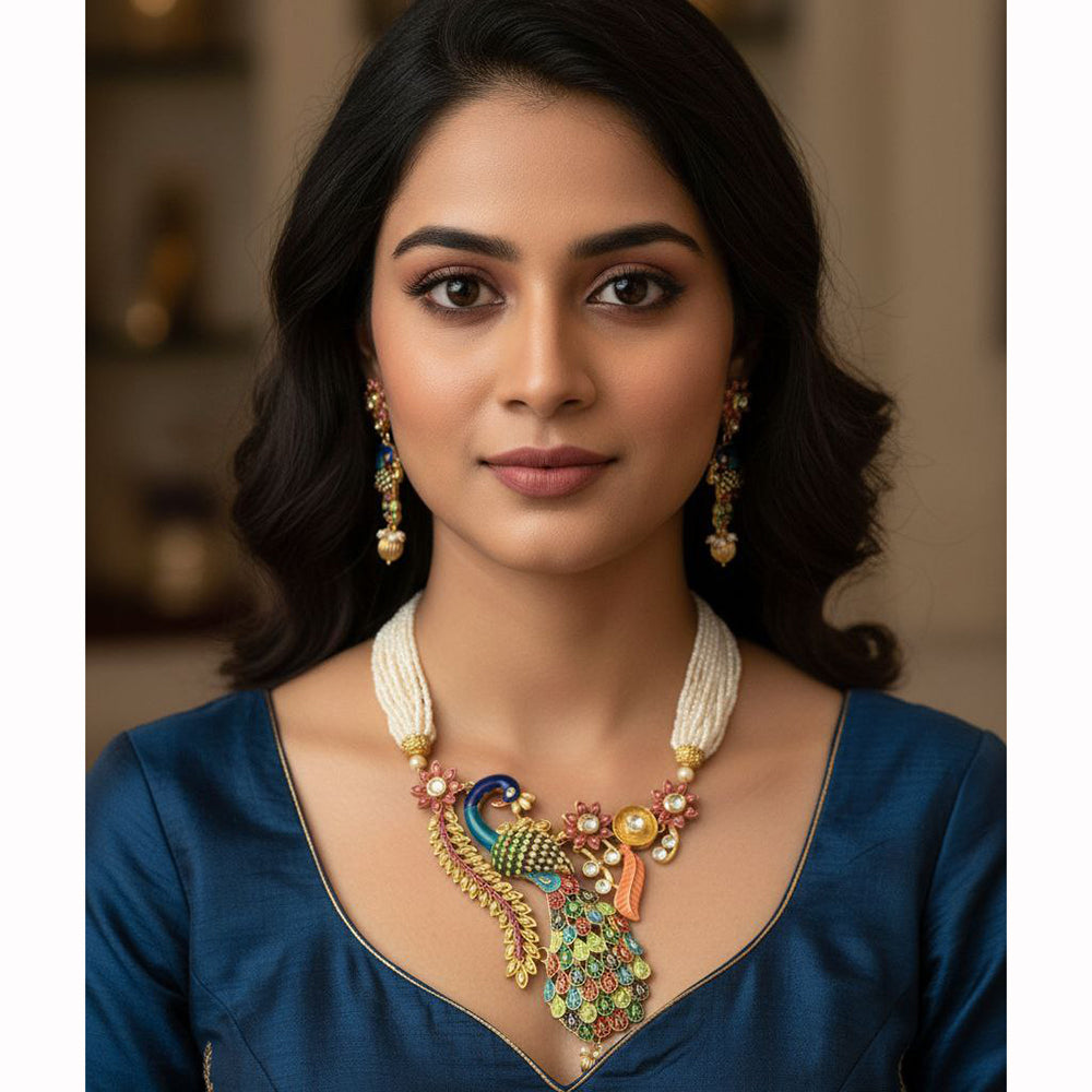 Aamrapali Premium Peacock Design Kundan And Pearl Necklace Set