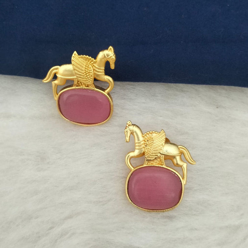 Marudhar Creations Gold Plated Matte Finish Pota Stone Stud Earrings