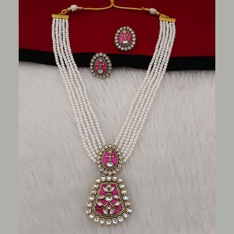 Marudhar Creations Gold Plated Matte Finish Pearl And Kundan Long Necklace Set