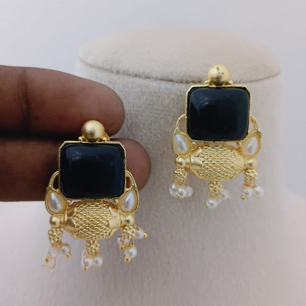 Marudhar Creations Gold Plated Matte Finish Pota Stone And Pearls Dangler Earrings