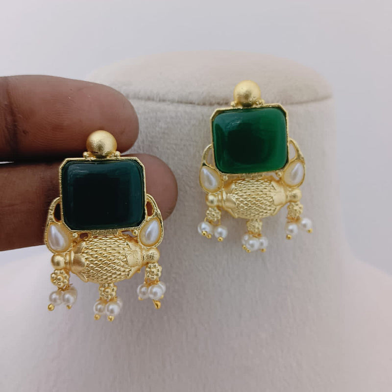 Marudhar Creations Gold Plated Matte Finish Pota Stone And Pearls Dangler Earrings