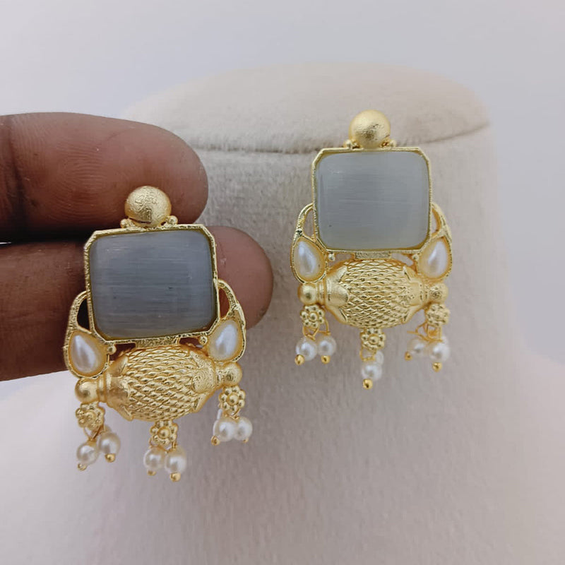 Marudhar Creations Gold Plated Matte Finish Pota Stone And Pearls Dangler Earrings