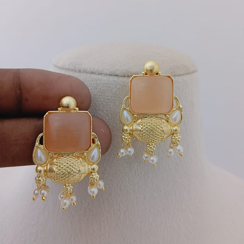 Marudhar Creations Gold Plated Matte Finish Pota Stone And Pearls Dangler Earrings