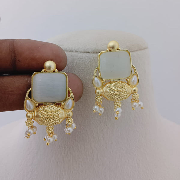 Marudhar Creations Gold Plated Matte Finish Pota Stone And Pearls Dangler Earrings