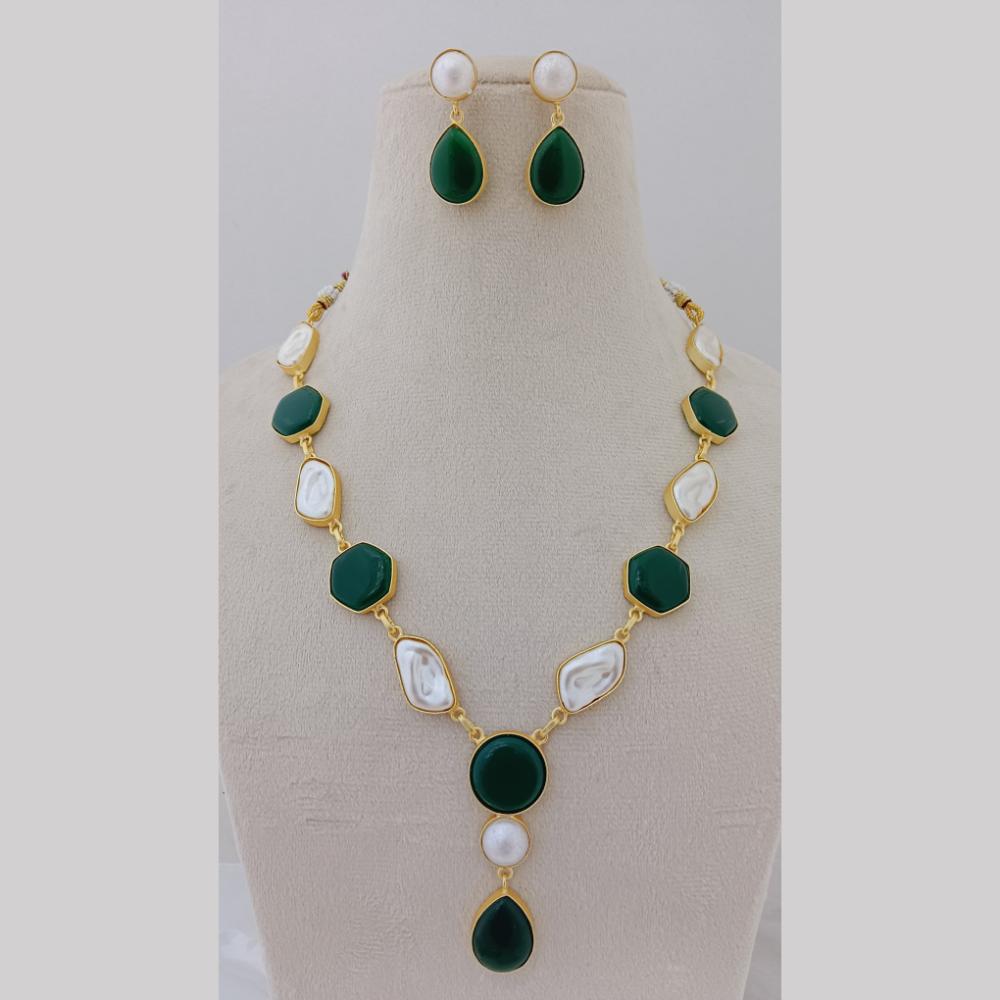 Marudhar Creations Gold Plated Matte Finish Pota Stone And Mother Of Pearls Necklace Set