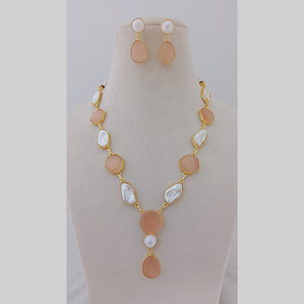 Marudhar Creations Gold Plated Matte Finish Pota Stone And Mother Of Pearls Necklace Set