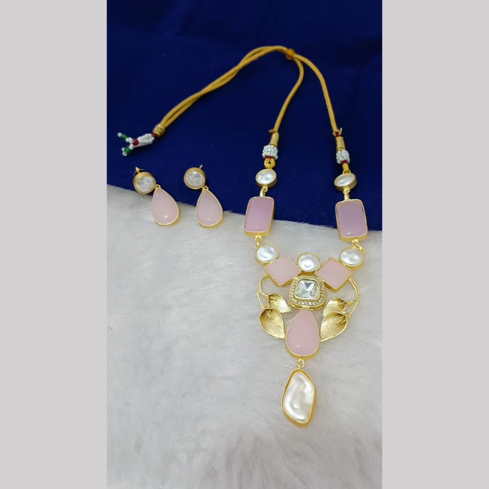 Marudhar Creations Gold Plated Matte Finish Pota Stone And Mother Of Pearls Necklace Set