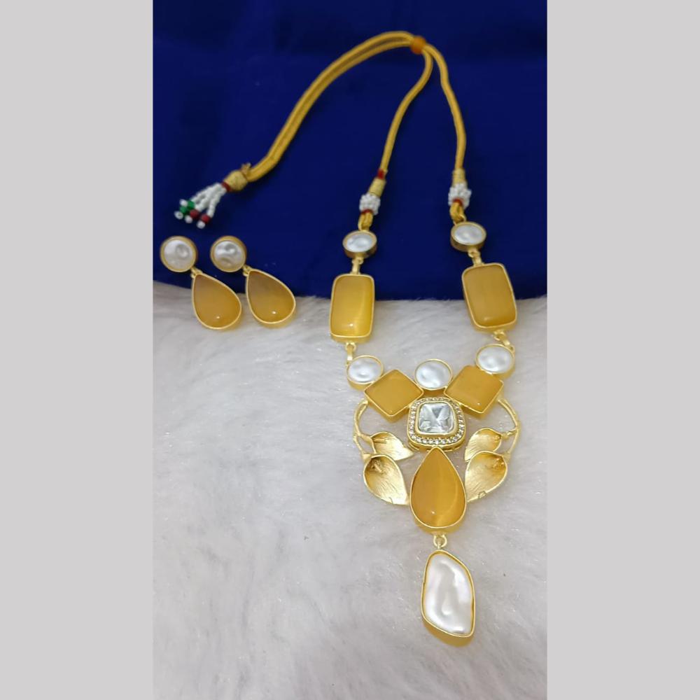 Marudhar Creations Gold Plated Matte Finish Pota Stone And Mother Of Pearls Necklace Set