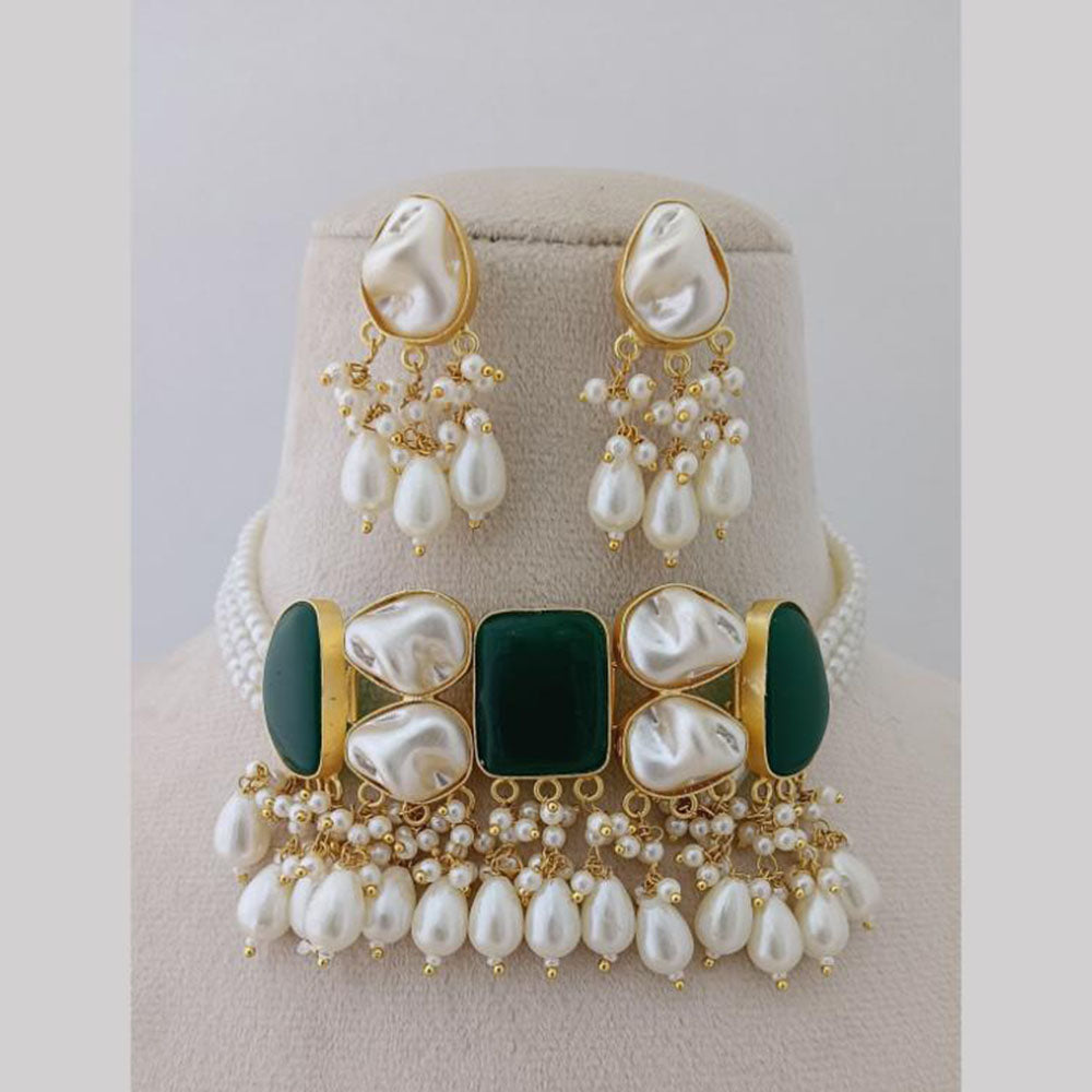 Marudhar Creations Gold Plated Matte Finish Pota Stone And Mother Of Pearls Choker Necklace Set