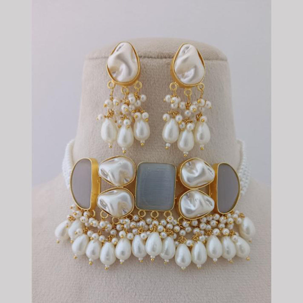 Marudhar Creations Gold Plated Matte Finish Pota Stone And Mother Of Pearls Choker Necklace Set