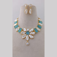 Marudhar Creations Gold Plated Matte Finish Pota Stone And Mother Of Pearls Necklace Set