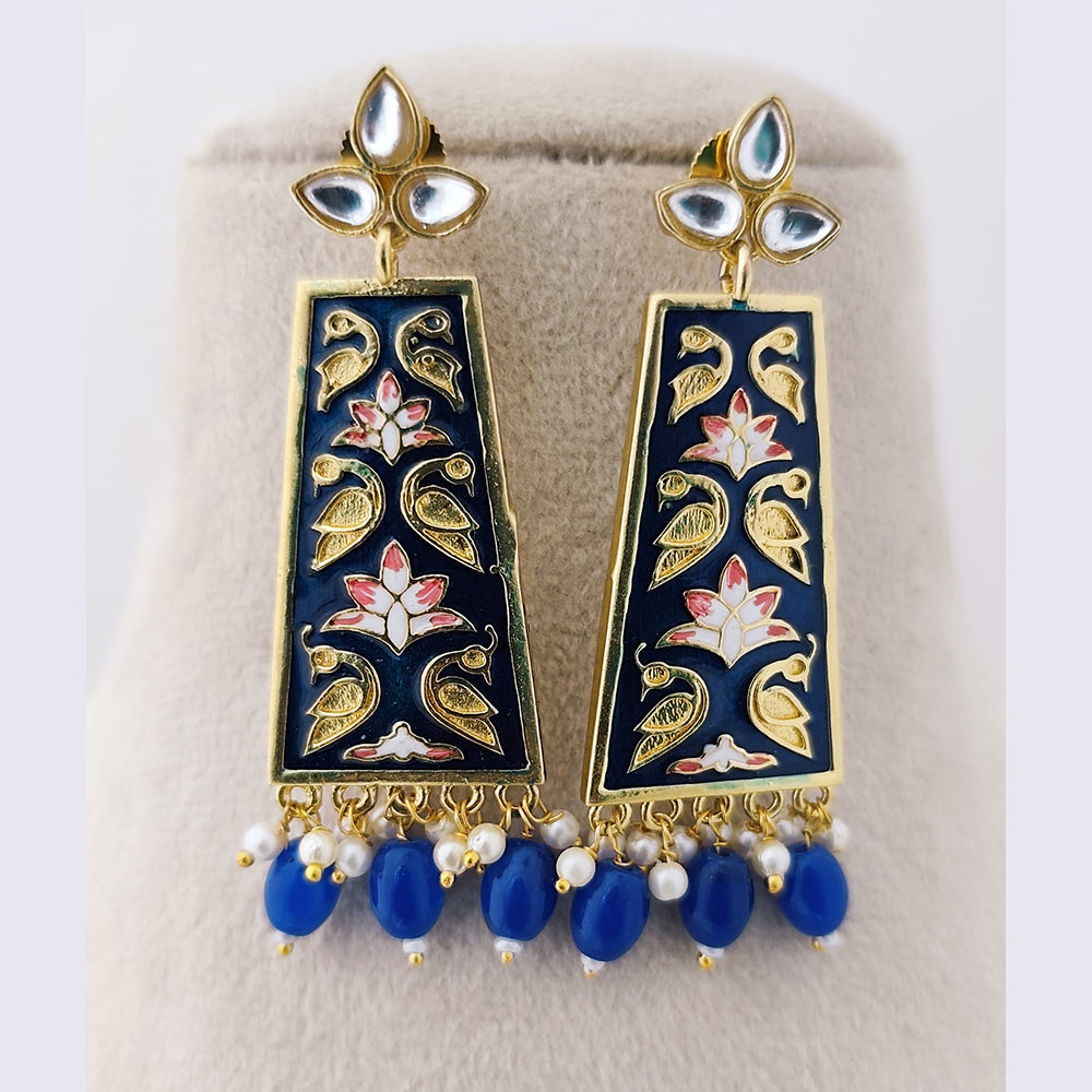 Marudhar Creations Royal Gold Matte Finish Kundan Stone And Pearl Meenakari Dangler Earrings