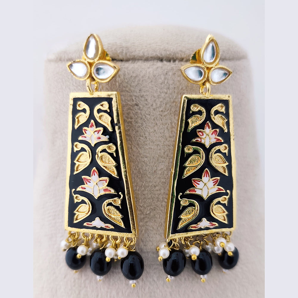 Marudhar Creations Royal Gold Matte Finish Kundan Stone And Pearl Meenakari Dangler Earrings