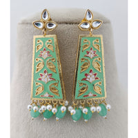 Marudhar Creations Royal Gold Matte Finish Kundan Stone And Pearl Meenakari Dangler Earrings