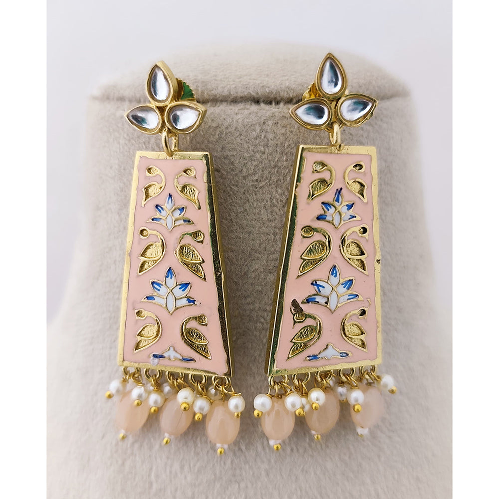 Marudhar Creations Royal Gold Matte Finish Kundan Stone And Pearl Meenakari Dangler Earrings