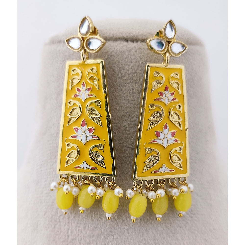 Marudhar Creations Royal Gold Matte Finish Kundan Stone And Pearl Meenakari Dangler Earrings