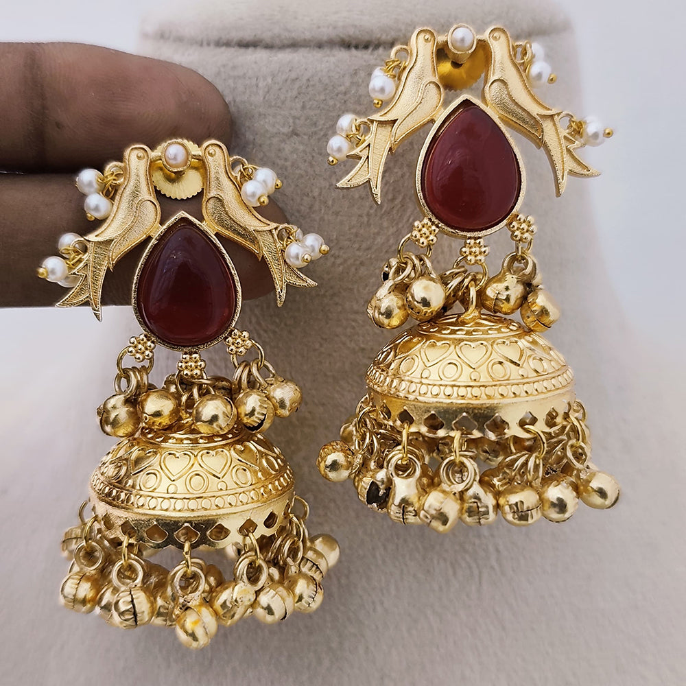 Marudhar Creations Matte Finish Pota Stone And Ghungroo Jhumki Earrings