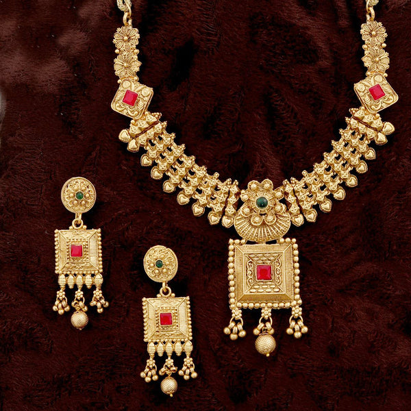 Merwara Gold Plated Matte Finish Pota Stone Necklace Set