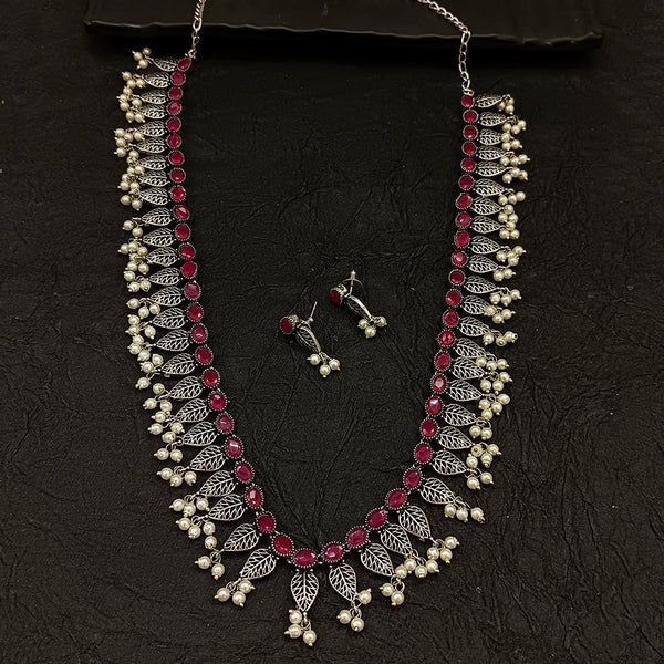 Deep Jewell Oxidised Plated Crystal Stone Long Necklace Set