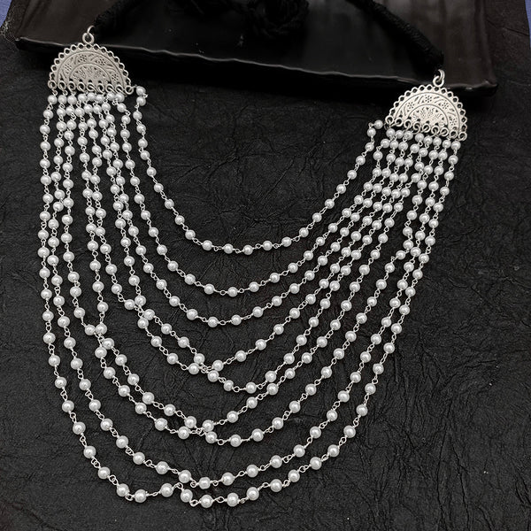 Deep Jewell Oxidised Plated Pearl Long Necklace
