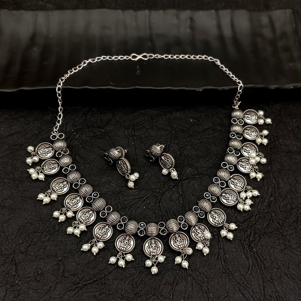 Deep Jewell Oxidised Plated Temple And Pearl Necklace Set