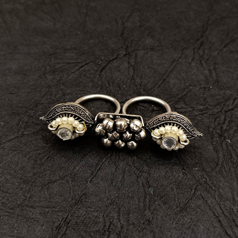 Deep Jewell Oxidised Plated Pearl Double Adjustable Ring