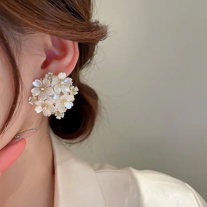 Glam Jewellery Gold Electroplated Silver Needle Camellian Pearl Studded Floral Cluster Oversized Stud Earrings