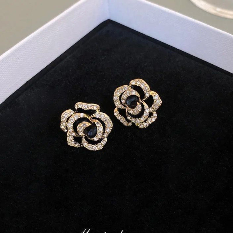 Glam Jewellery Gold Electroplated Zircon Studded Camellia Luxury Retro Punk Style Diamond Rose Earrings