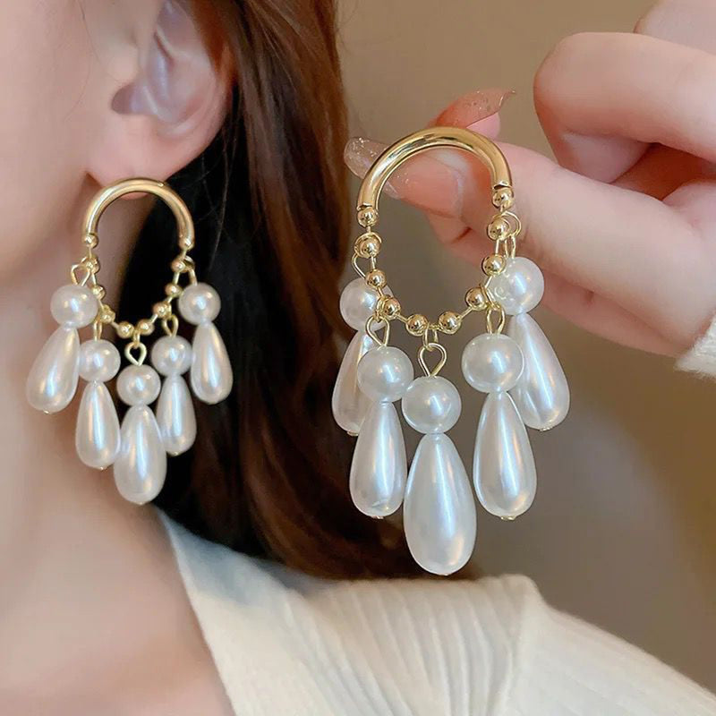 Glam Jewellery Gold Electroplated Silver Needle Geometric Circle Pearl Water Drop Tassel Earrings