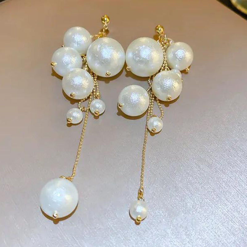 Glam Jewellery Gold Electroplated Rhinestone Studded Retro Bouncelles Pearl Tassel Long Earrings