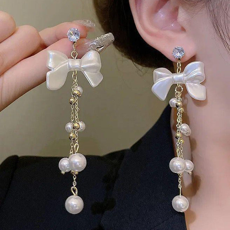 Glam Jewellery Gold Electroplated Rhinestone Studded Retro Bow Pearl Tassel Long Earrings