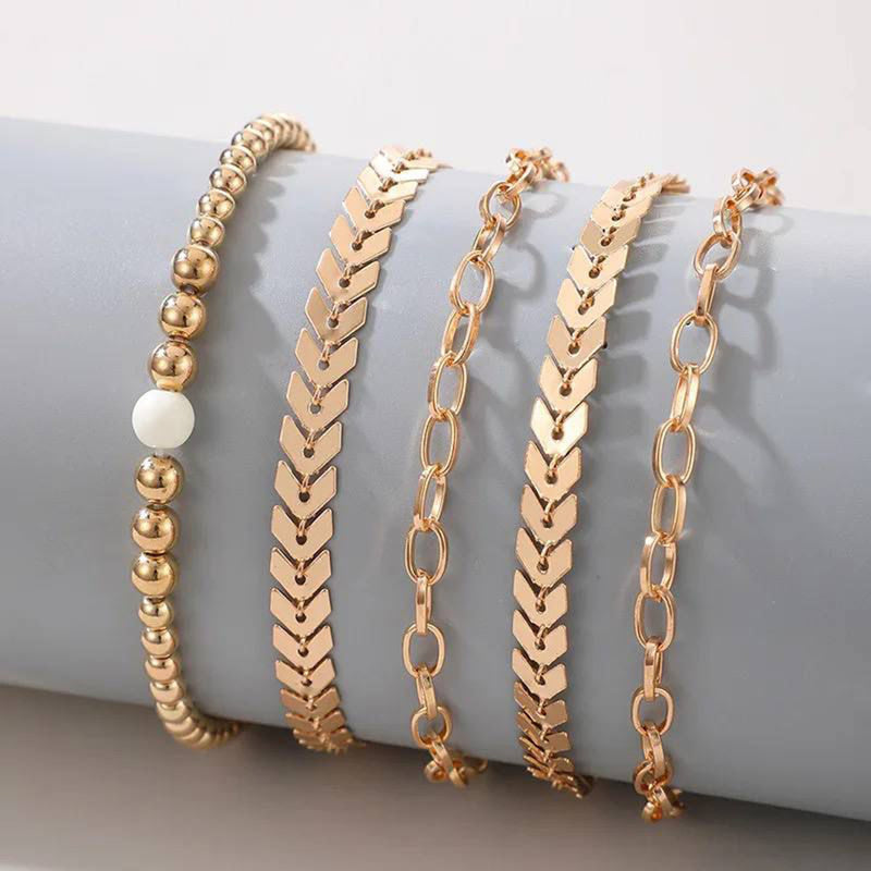 Glam Jewellery Rose Gold Plated Bohemian Leaf Alloy Made Simple Charm Beads Chain Bracelet Set Of 5Pcs