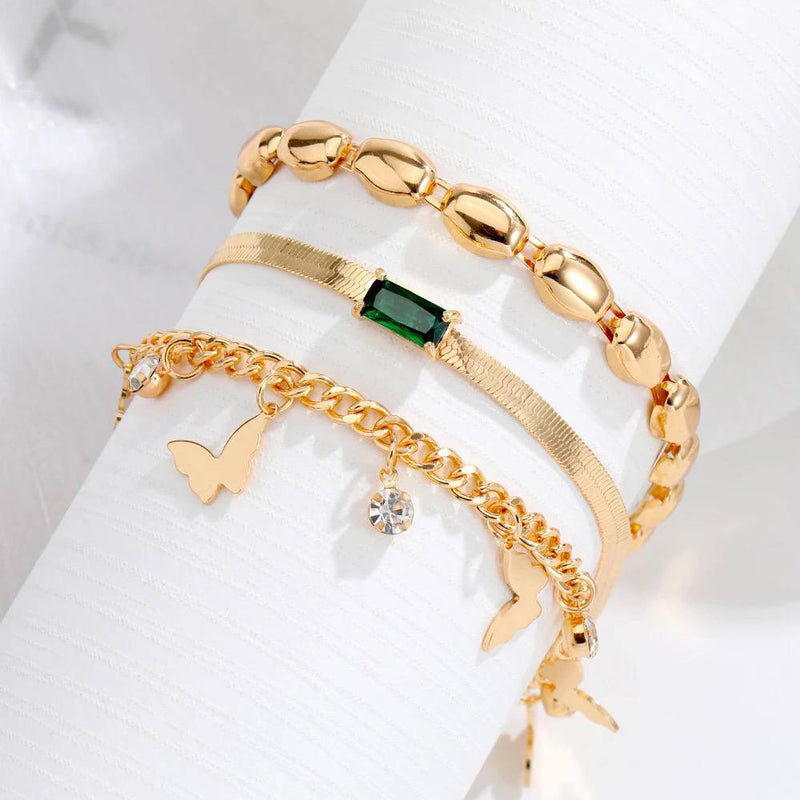 Glam Jewellery Gold Electroplated Cuban Chain Butterfly Tassel Bracelet Stack Of 3 Pieces