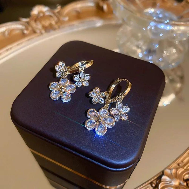 Glam Jewellery Gold Electroplated Zircon Studded High End Floral Drop Earrings